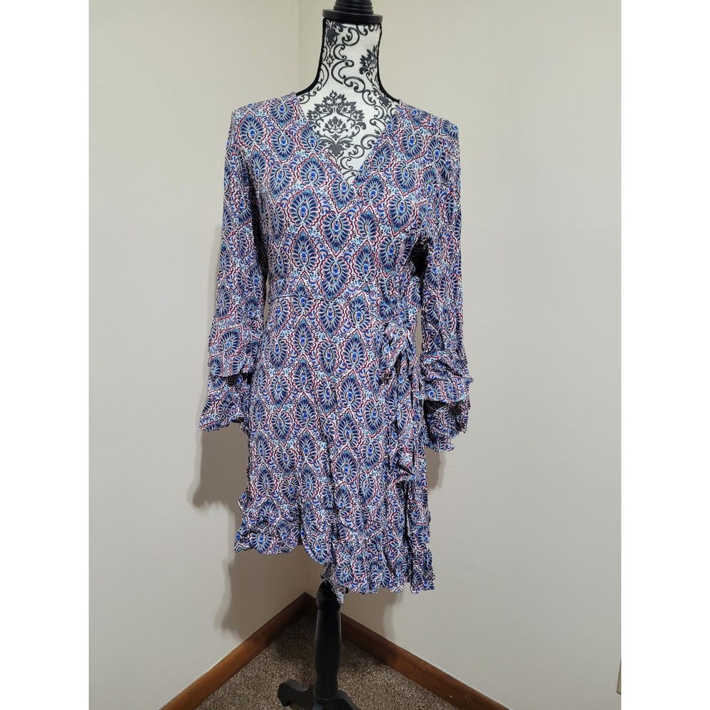 Scoop Paisley Wrap Mini wrap‎ Dress Womens L Large Blue Red Ruffle Hem